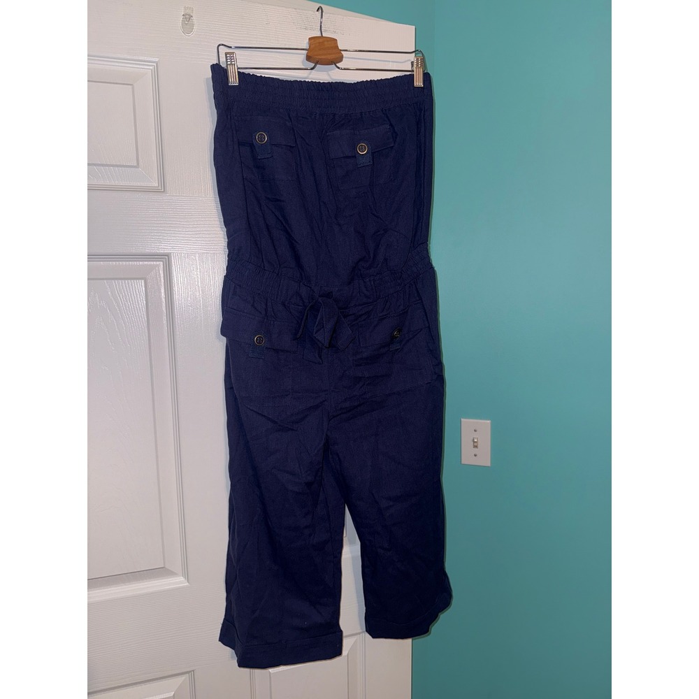 Toxik Navy Blue Strapless Utility Jumpsuit Smocked Cropped Wide Leg Large
